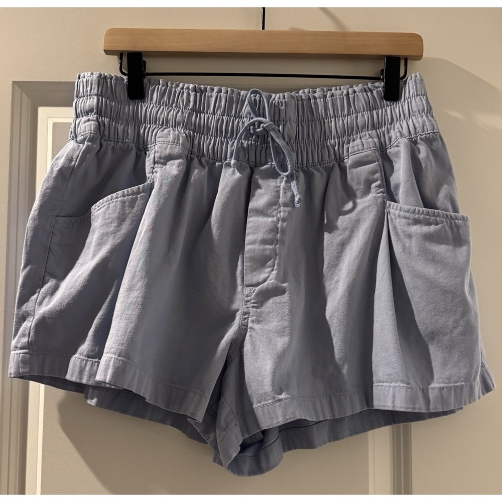 Aerie Blue Pull On Shorts Women L 100% Cotton Drawstring Casual Pockets